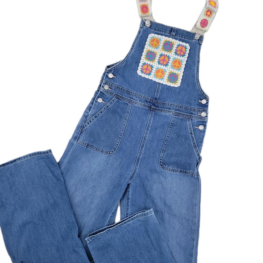 Tractr Romper Denim Overall Blue Girl Kids Crochet Patch Casual Summer Size 14
